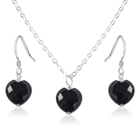Black Onyx Crystal Heart Jewellery Set - Black Onyx Crystal Heart Jewellery Set - Sterling Silver / Cable / Necklace & Earrings - Luna Tide Handmade Crystal Jewellery
