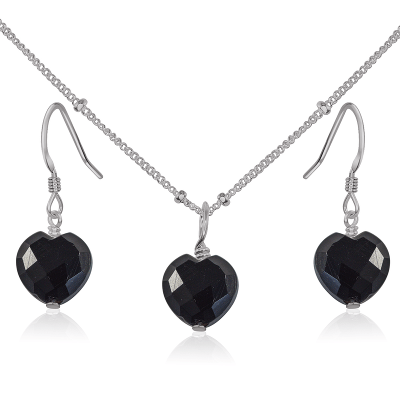 Black Onyx Crystal Heart Jewellery Set - Black Onyx Crystal Heart Jewellery Set - Stainless Steel / Satellite / Necklace & Earrings - Luna Tide Handmade Crystal Jewellery