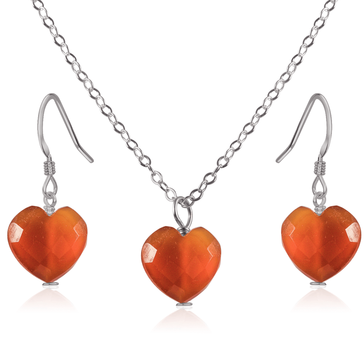 Carnelian Crystal Heart Jewellery Set - Carnelian Crystal Heart Jewellery Set - Stainless Steel / Cable / Necklace & Earrings - Luna Tide Handmade Crystal Jewellery