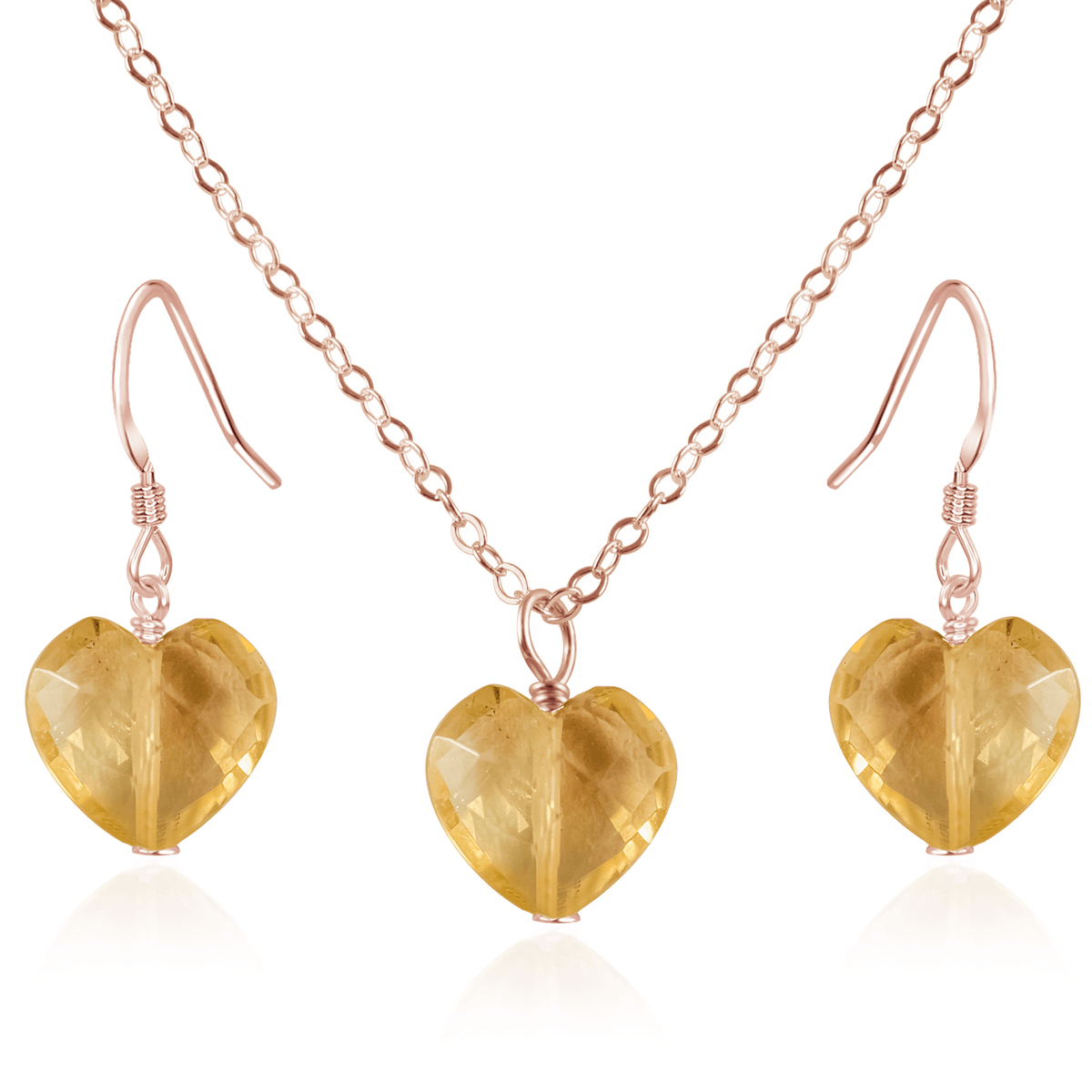 Citrine Crystal Heart Jewellery Set - Citrine Crystal Heart Jewellery Set - 14k Rose Gold Fill / Cable / Necklace & Earrings - Luna Tide Handmade Crystal Jewellery