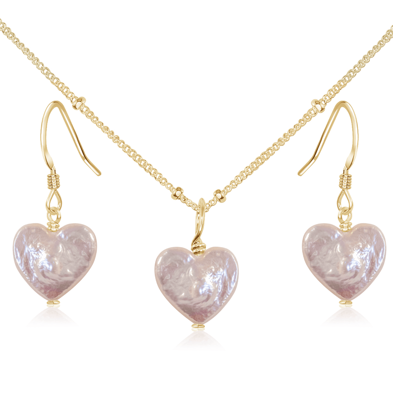 Freshwater Pearl Heart Jewellery Set - Freshwater Pearl Heart Jewellery Set - 14k Gold Fill / Satellite / Necklace & Earrings - Luna Tide Handmade Crystal Jewellery
