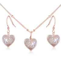 Freshwater Pearl Heart Jewellery Set - Freshwater Pearl Heart Jewellery Set - 14k Rose Gold Fill / Satellite / Necklace & Earrings - Luna Tide Handmade Crystal Jewellery
