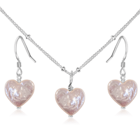 Freshwater Pearl Heart Jewellery Set - Freshwater Pearl Heart Jewellery Set - Sterling Silver / Satellite / Necklace & Earrings - Luna Tide Handmade Crystal Jewellery