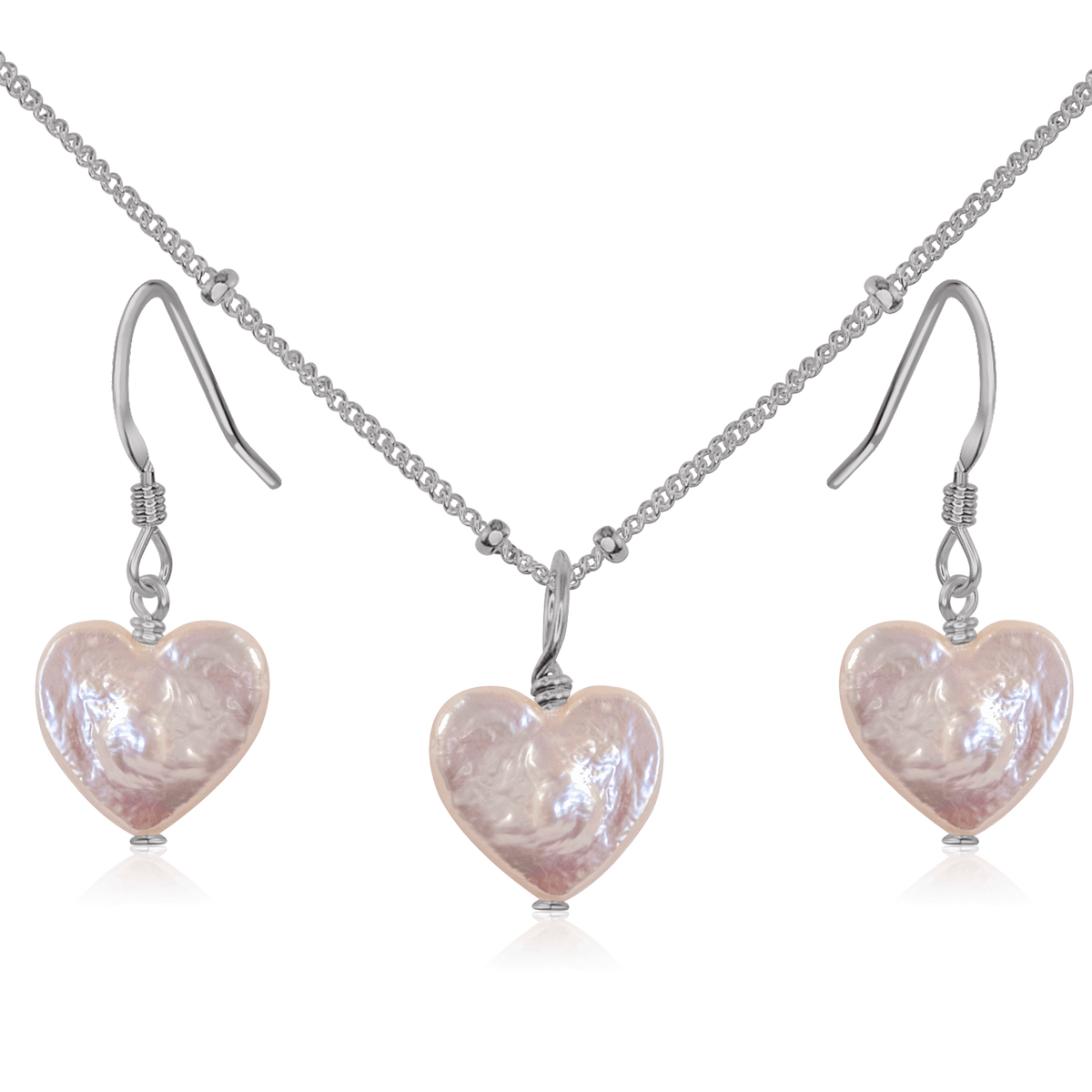 Freshwater Pearl Heart Jewellery Set - Freshwater Pearl Heart Jewellery Set - Stainless Steel / Satellite / Necklace & Earrings - Luna Tide Handmade Crystal Jewellery