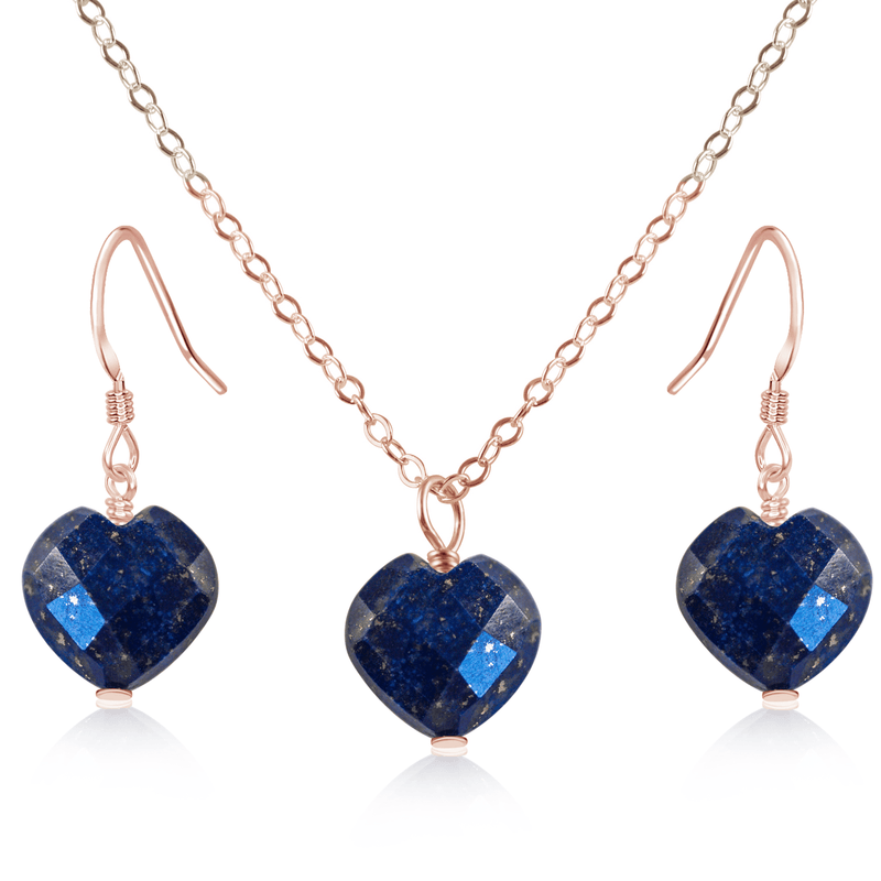 Lapis Lazuli Crystal Heart Jewellery Set - Lapis Lazuli Crystal Heart Jewellery Set - 14k Rose Gold Fill / Cable / Necklace & Earrings - Luna Tide Handmade Crystal Jewellery