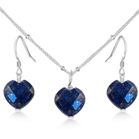 Lapis Lazuli Crystal Heart Jewellery Set - Lapis Lazuli Crystal Heart Jewellery Set - Sterling Silver / Satellite / Necklace & Earrings - Luna Tide Handmade Crystal Jewellery