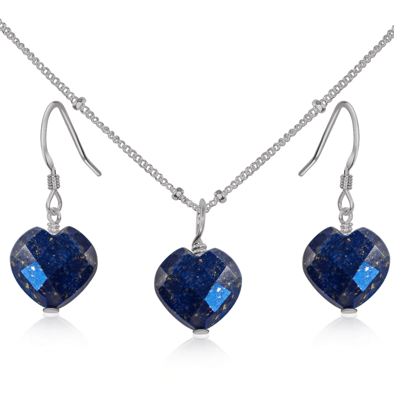 Lapis Lazuli Crystal Heart Jewellery Set - Lapis Lazuli Crystal Heart Jewellery Set - Stainless Steel / Satellite / Necklace & Earrings - Luna Tide Handmade Crystal Jewellery