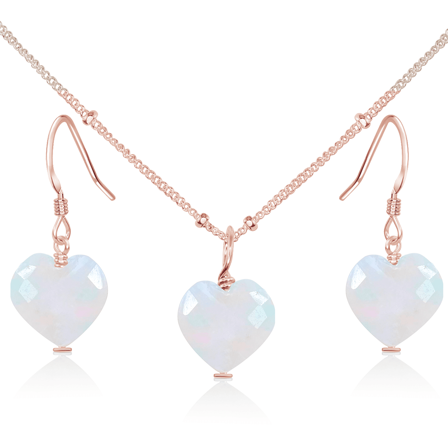 Rainbow Moonstone Crystal Heart Jewellery Set - Rainbow Moonstone Crystal Heart Jewellery Set - 14k Rose Gold Fill / Satellite / Necklace & Earrings - Luna Tide Handmade Crystal Jewellery
