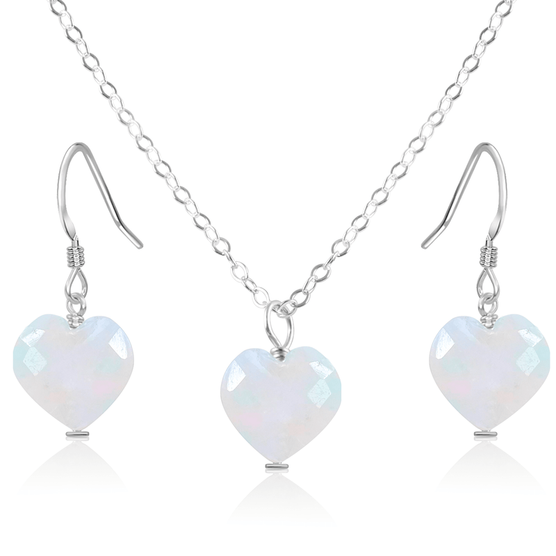 Rainbow Moonstone Crystal Heart Jewellery Set - Rainbow Moonstone Crystal Heart Jewellery Set - Sterling Silver / Cable / Necklace & Earrings - Luna Tide Handmade Crystal Jewellery