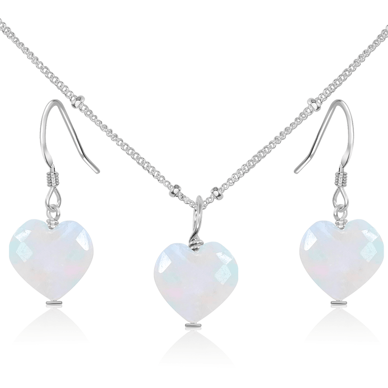 Rainbow Moonstone Crystal Heart Jewellery Set - Rainbow Moonstone Crystal Heart Jewellery Set - Sterling Silver / Satellite / Necklace & Earrings - Luna Tide Handmade Crystal Jewellery