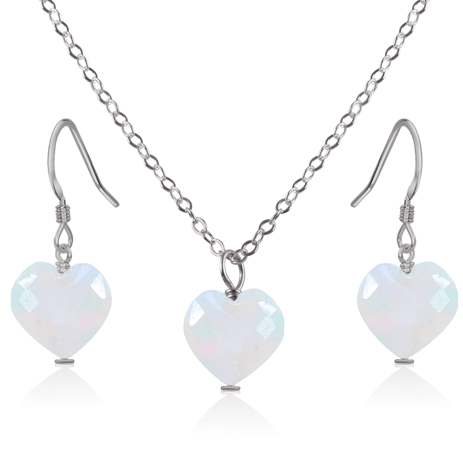 Rainbow Moonstone Crystal Heart Jewellery Set - Rainbow Moonstone Crystal Heart Jewellery Set - Stainless Steel / Cable / Necklace & Earrings - Luna Tide Handmade Crystal Jewellery