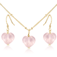 Rose Quartz Crystal Heart Jewellery Set - Rose Quartz Crystal Heart Jewellery Set - 14k Gold Fill / Satellite / Necklace & Earrings - Luna Tide Handmade Crystal Jewellery