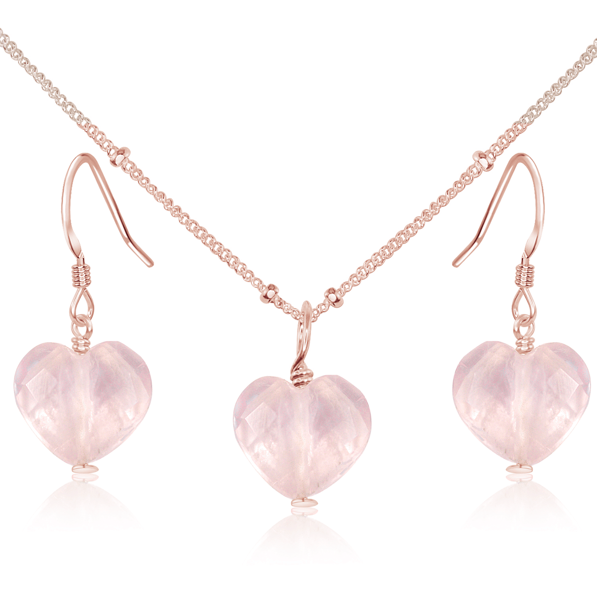 Rose Quartz Crystal Heart Jewellery Set - Rose Quartz Crystal Heart Jewellery Set - 14k Rose Gold Fill / Satellite / Necklace & Earrings - Luna Tide Handmade Crystal Jewellery