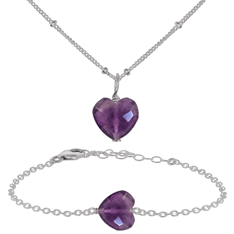 Amethyst Crystal Heart Jewellery Set - Amethyst Crystal Heart Jewellery Set - Stainless Steel / Satellite / Necklace & Bracelet - Luna Tide Handmade Crystal Jewellery