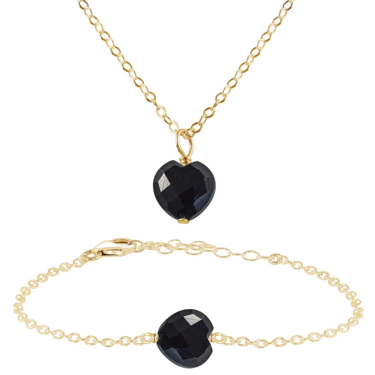 Black Onyx Crystal Heart Jewellery Set - Black Onyx Crystal Heart Jewellery Set - 14k Gold Fill / Cable / Necklace & Bracelet - Luna Tide Handmade Crystal Jewellery