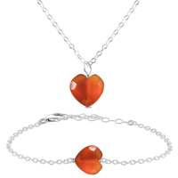 Carnelian Crystal Heart Jewellery Set - Carnelian Crystal Heart Jewellery Set - Sterling Silver / Cable / Necklace & Bracelet - Luna Tide Handmade Crystal Jewellery