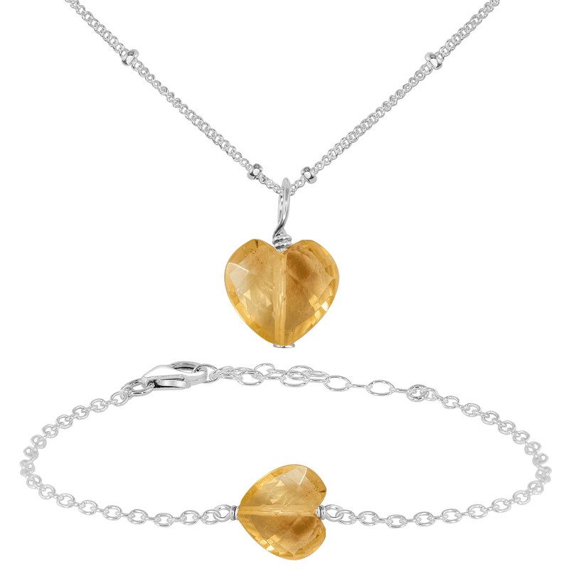 Citrine Crystal Heart Jewellery Set - Citrine Crystal Heart Jewellery Set - Sterling Silver / Satellite / Necklace & Bracelet - Luna Tide Handmade Crystal Jewellery