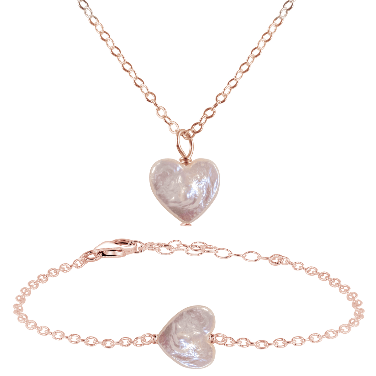 Freshwater Pearl Heart Jewellery Set - Freshwater Pearl Heart Jewellery Set - 14k Rose Gold Fill / Cable / Necklace & Bracelet - Luna Tide Handmade Crystal Jewellery