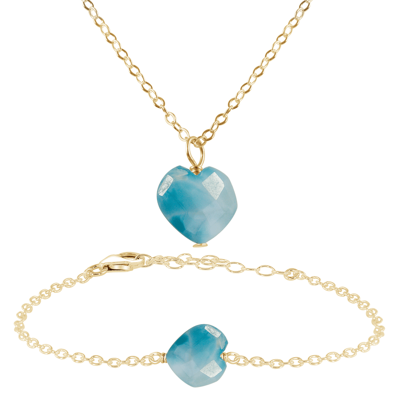 Larimar Crystal Heart Jewellery Set - Larimar Crystal Heart Jewellery Set - 14k Gold Fill / Cable / Necklace & Bracelet - Luna Tide Handmade Crystal Jewellery