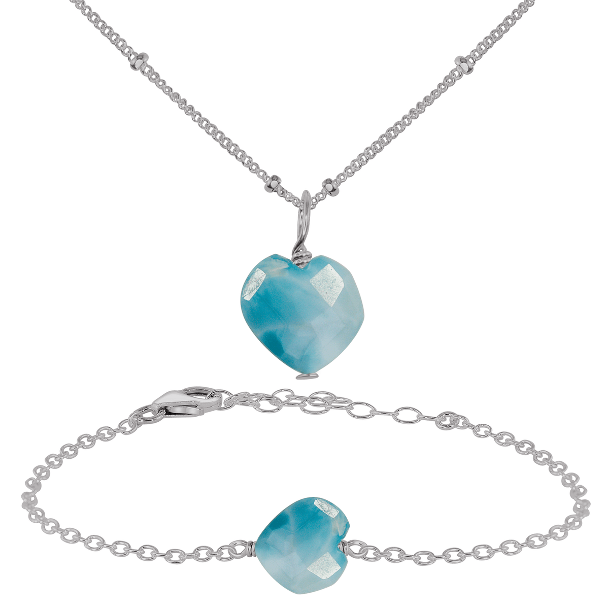 Larimar Crystal Heart Jewellery Set - Larimar Crystal Heart Jewellery Set - Stainless Steel / Satellite / Necklace & Bracelet - Luna Tide Handmade Crystal Jewellery