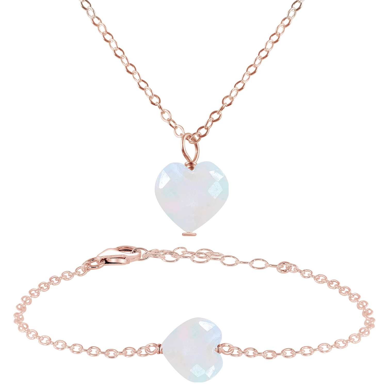Rainbow Moonstone Crystal Heart Jewellery Set - Rainbow Moonstone Crystal Heart Jewellery Set - 14k Rose Gold Fill / Cable / Necklace & Bracelet - Luna Tide Handmade Crystal Jewellery