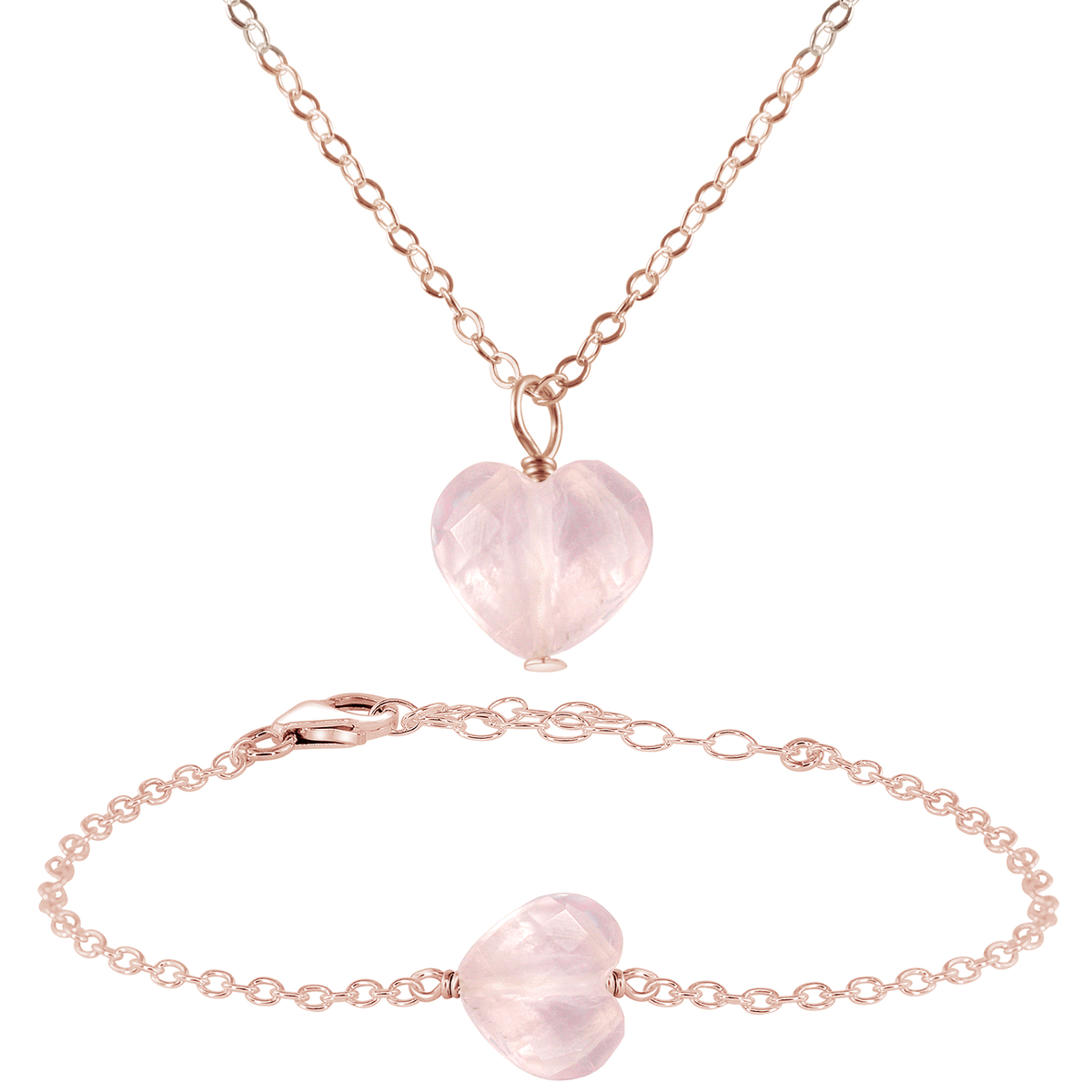 Rose Quartz Crystal Heart Jewellery Set - Rose Quartz Crystal Heart Jewellery Set - 14k Rose Gold Fill / Cable / Necklace & Bracelet - Luna Tide Handmade Crystal Jewellery