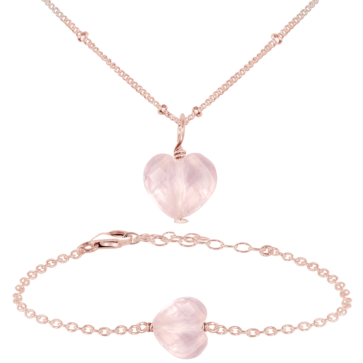 Rose Quartz Crystal Heart Jewellery Set - Rose Quartz Crystal Heart Jewellery Set - 14k Rose Gold Fill / Satellite / Necklace & Bracelet - Luna Tide Handmade Crystal Jewellery