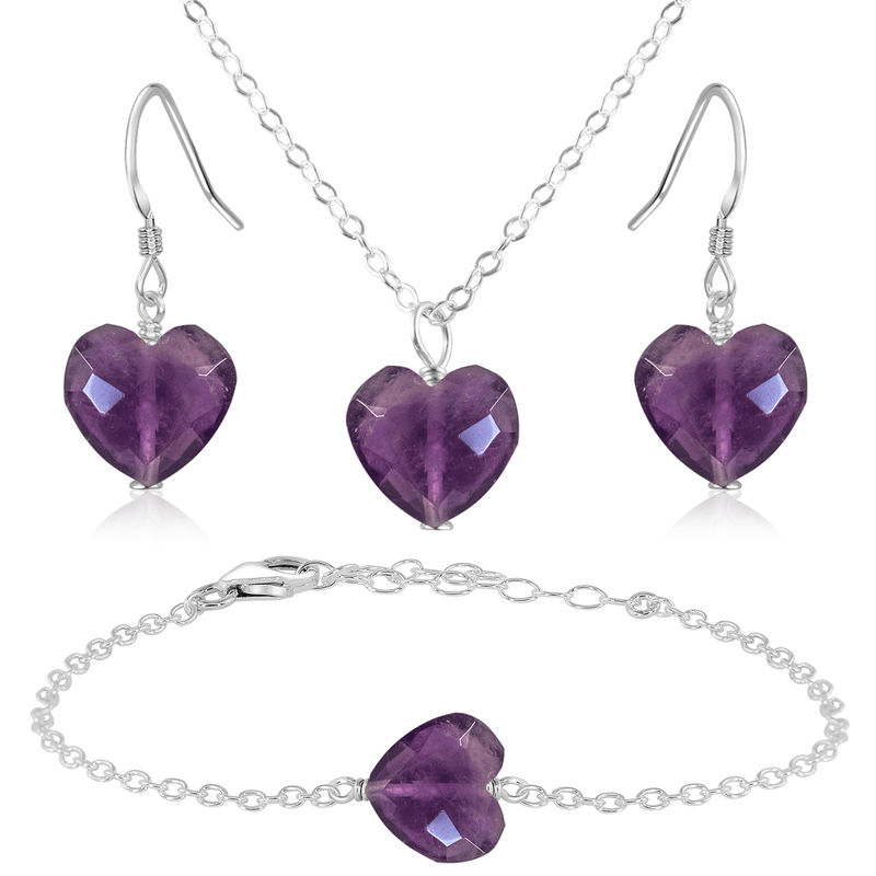 Amethyst Crystal Heart Jewellery Set - Amethyst Crystal Heart Jewellery Set - Sterling Silver / Cable / Necklace & Earrings & Bracelet - Luna Tide Handmade Crystal Jewellery
