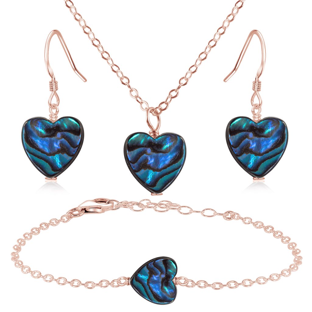 Abalone Shell Heart Jewellery Set - Abalone Shell Heart Jewellery Set - 14k Rose Gold Fill / Cable / Necklace & Earrings & Bracelet - Luna Tide Handmade Crystal Jewellery