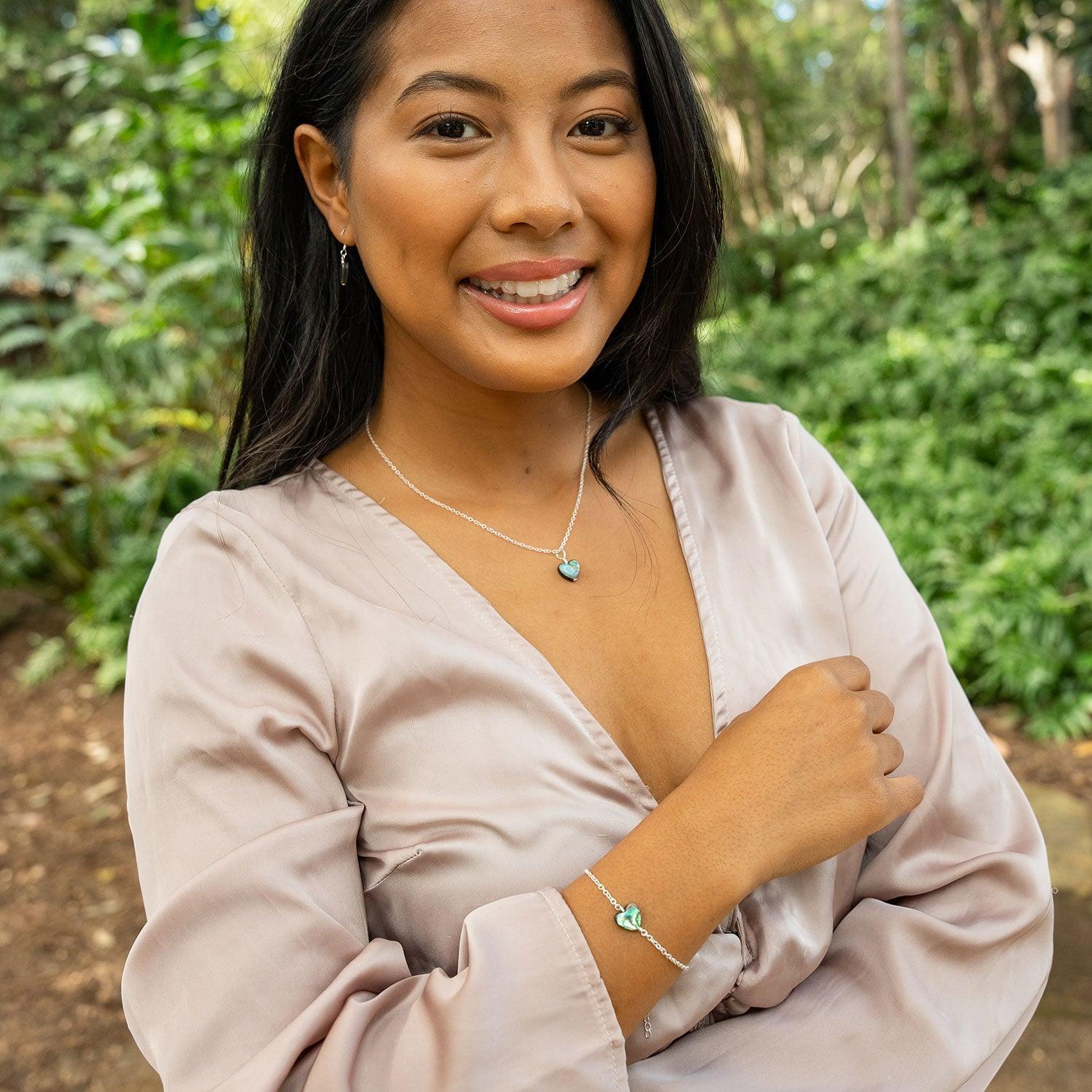 Abalone Shell Heart Jewellery Set - Abalone Shell Heart Jewellery Set - Sterling Silver / Cable / Necklace & Earrings & Bracelet - Luna Tide Handmade Crystal Jewellery