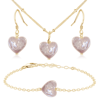 Freshwater Pearl Heart Jewellery Set - Freshwater Pearl Heart Jewellery Set - 14k Gold Fill / Satellite / Necklace & Earrings & Bracelet - Luna Tide Handmade Crystal Jewellery