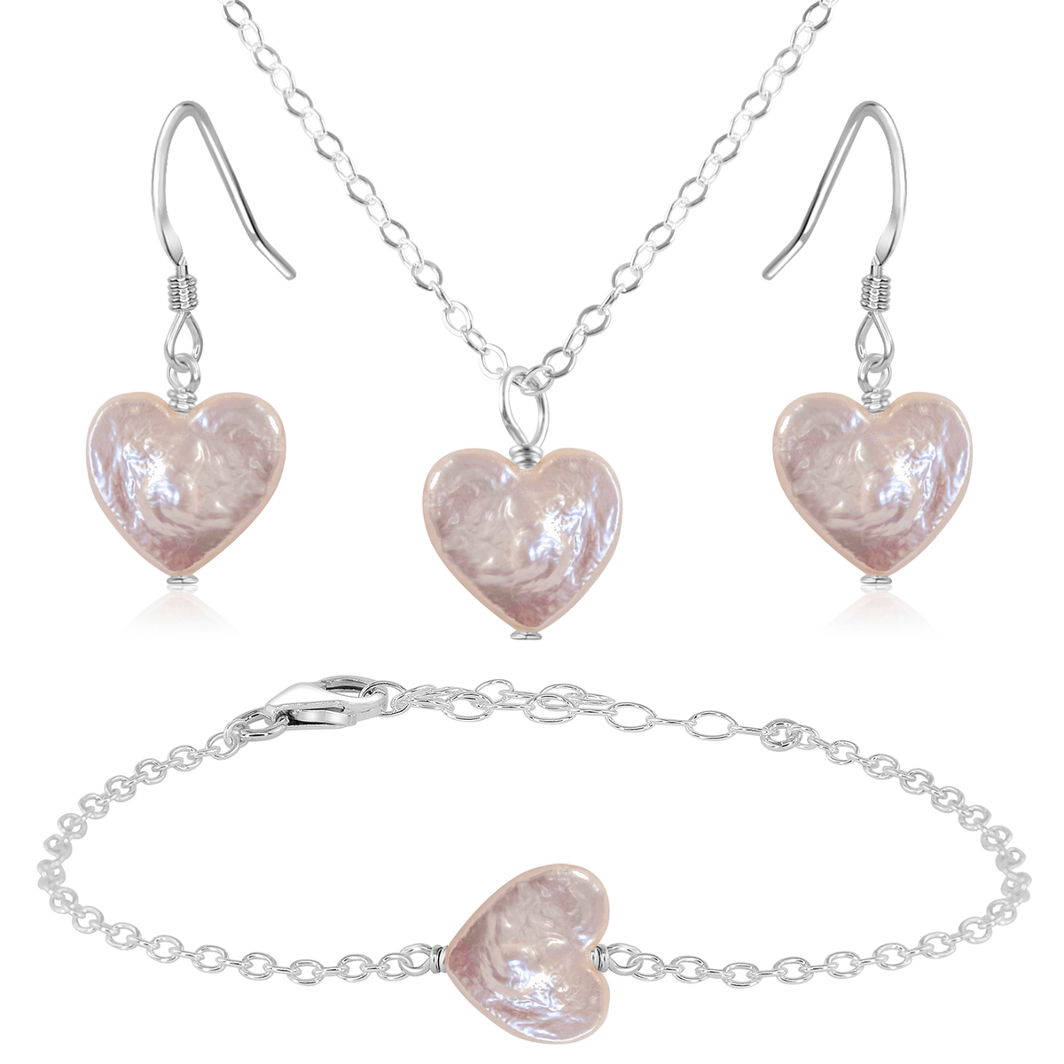 Freshwater Pearl Heart Jewellery Set - Freshwater Pearl Heart Jewellery Set - Sterling Silver / Cable / Necklace & Earrings & Bracelet - Luna Tide Handmade Crystal Jewellery