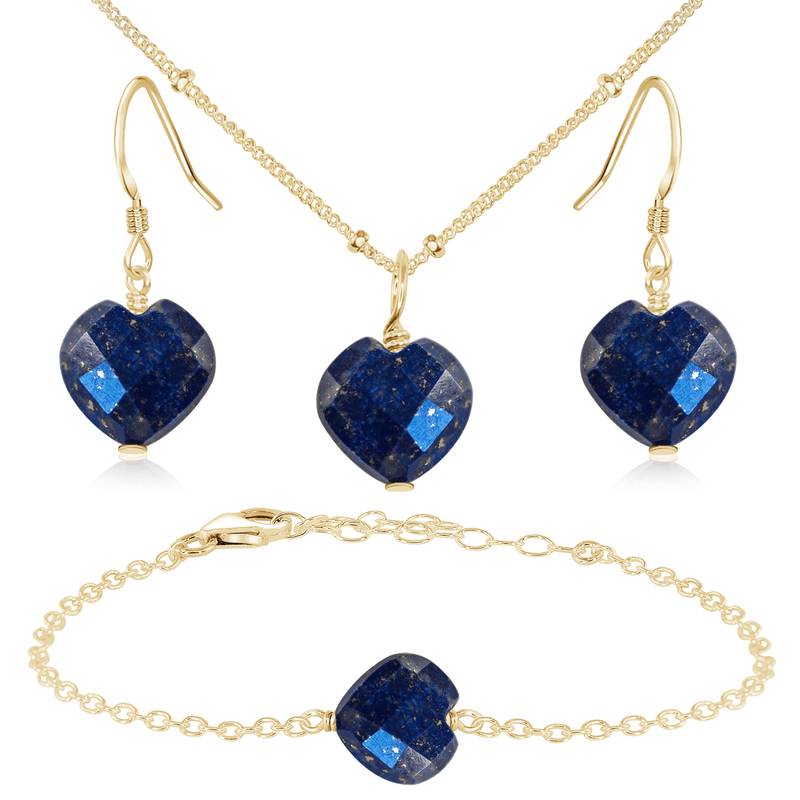 Lapis Lazuli Crystal Heart Jewellery Set - Lapis Lazuli Crystal Heart Jewellery Set - 14k Gold Fill / Satellite / Necklace & Earrings & Bracelet - Luna Tide Handmade Crystal Jewellery