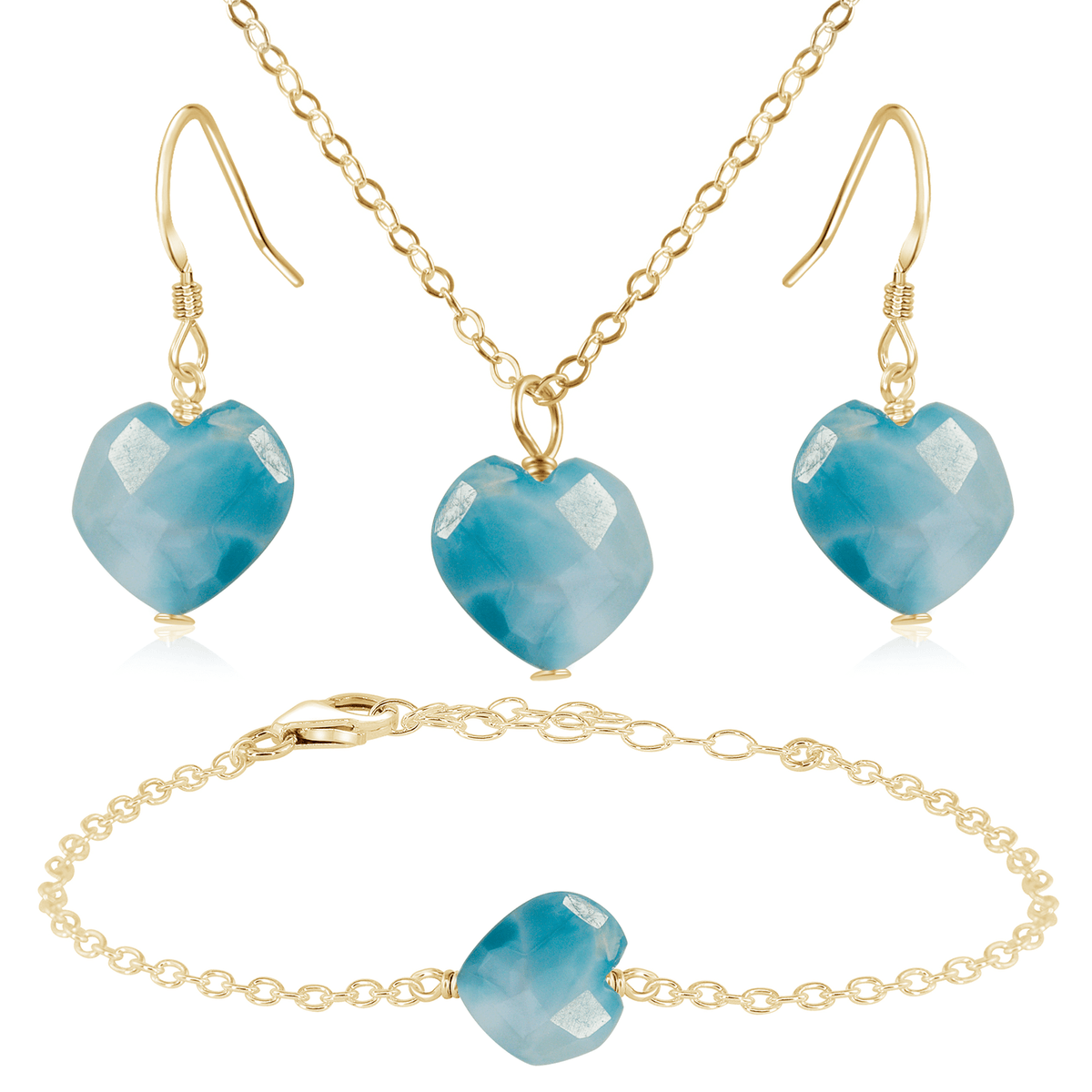 Larimar Crystal Heart Jewellery Set - Larimar Crystal Heart Jewellery Set - 14k Gold Fill / Cable / Necklace & Earrings & Bracelet - Luna Tide Handmade Crystal Jewellery