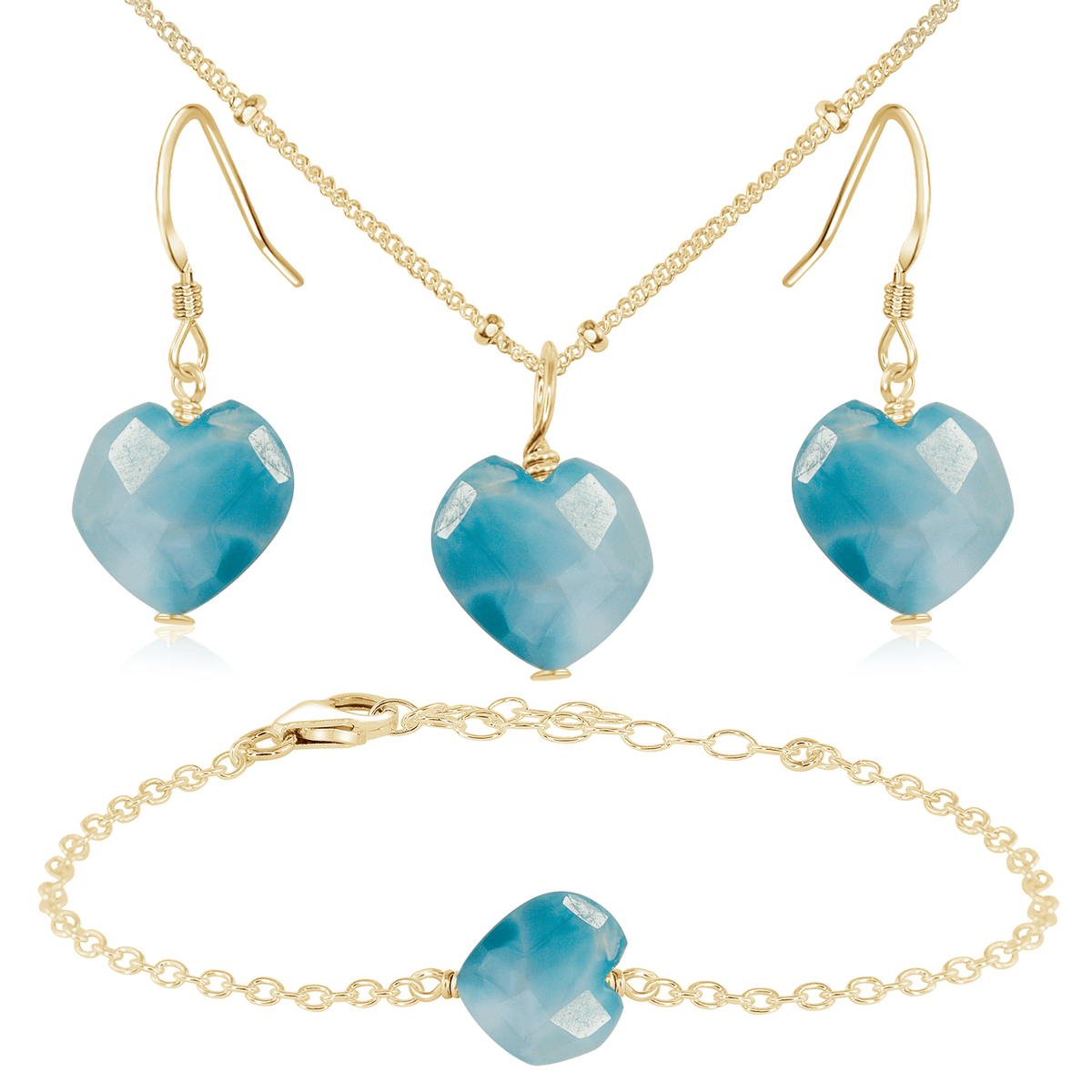 Larimar Crystal Heart Jewellery Set - Larimar Crystal Heart Jewellery Set - 14k Gold Fill / Satellite / Necklace & Earrings & Bracelet - Luna Tide Handmade Crystal Jewellery