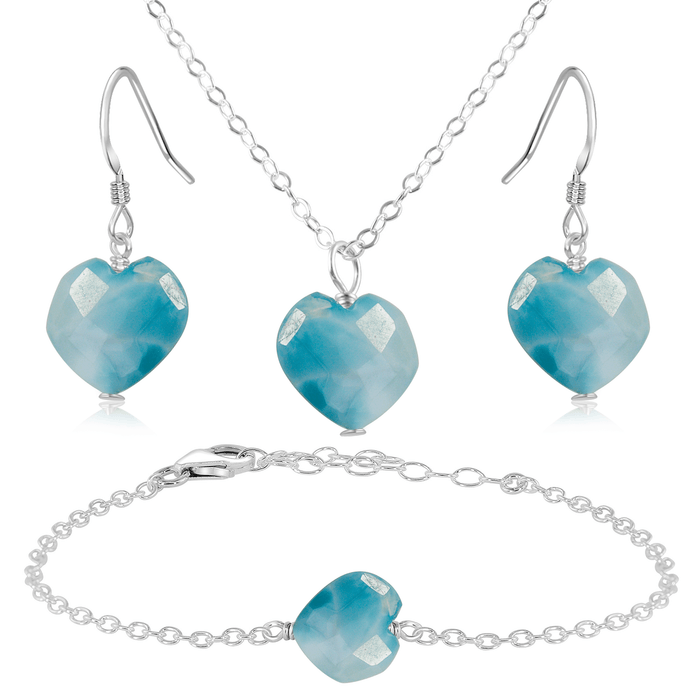 Larimar Crystal Heart Jewellery Set - Larimar Crystal Heart Jewellery Set - Sterling Silver / Cable / Necklace & Earrings & Bracelet - Luna Tide Handmade Crystal Jewellery