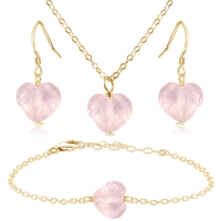 Rose Quartz Crystal Heart Jewellery Set - Rose Quartz Crystal Heart Jewellery Set - 14k Gold Fill / Cable / Necklace & Earrings & Bracelet - Luna Tide Handmade Crystal Jewellery
