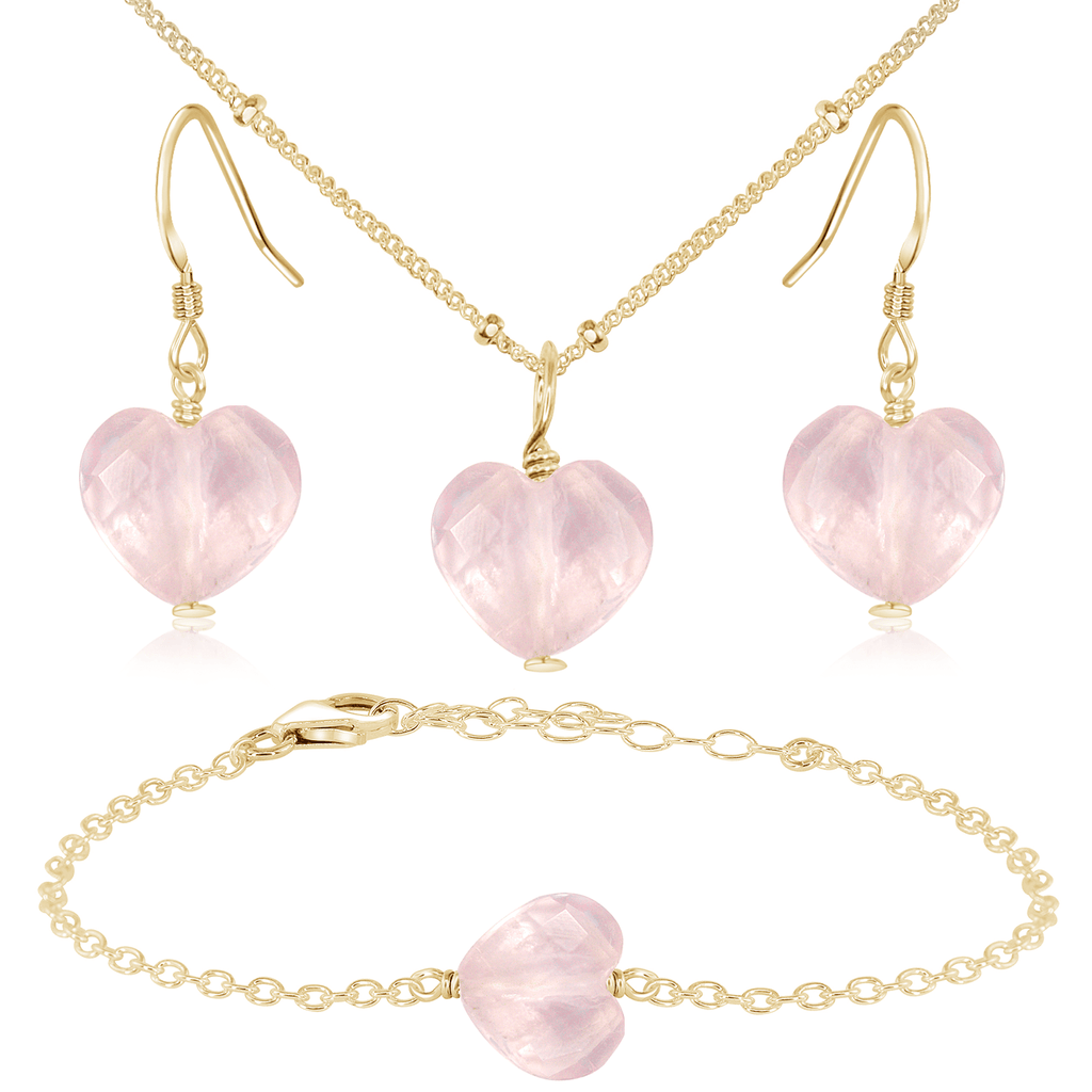 Rose Quartz Crystal Heart Jewellery Set - Rose Quartz Crystal Heart Jewellery Set - 14k Gold Fill / Satellite / Necklace & Earrings & Bracelet - Luna Tide Handmade Crystal Jewellery