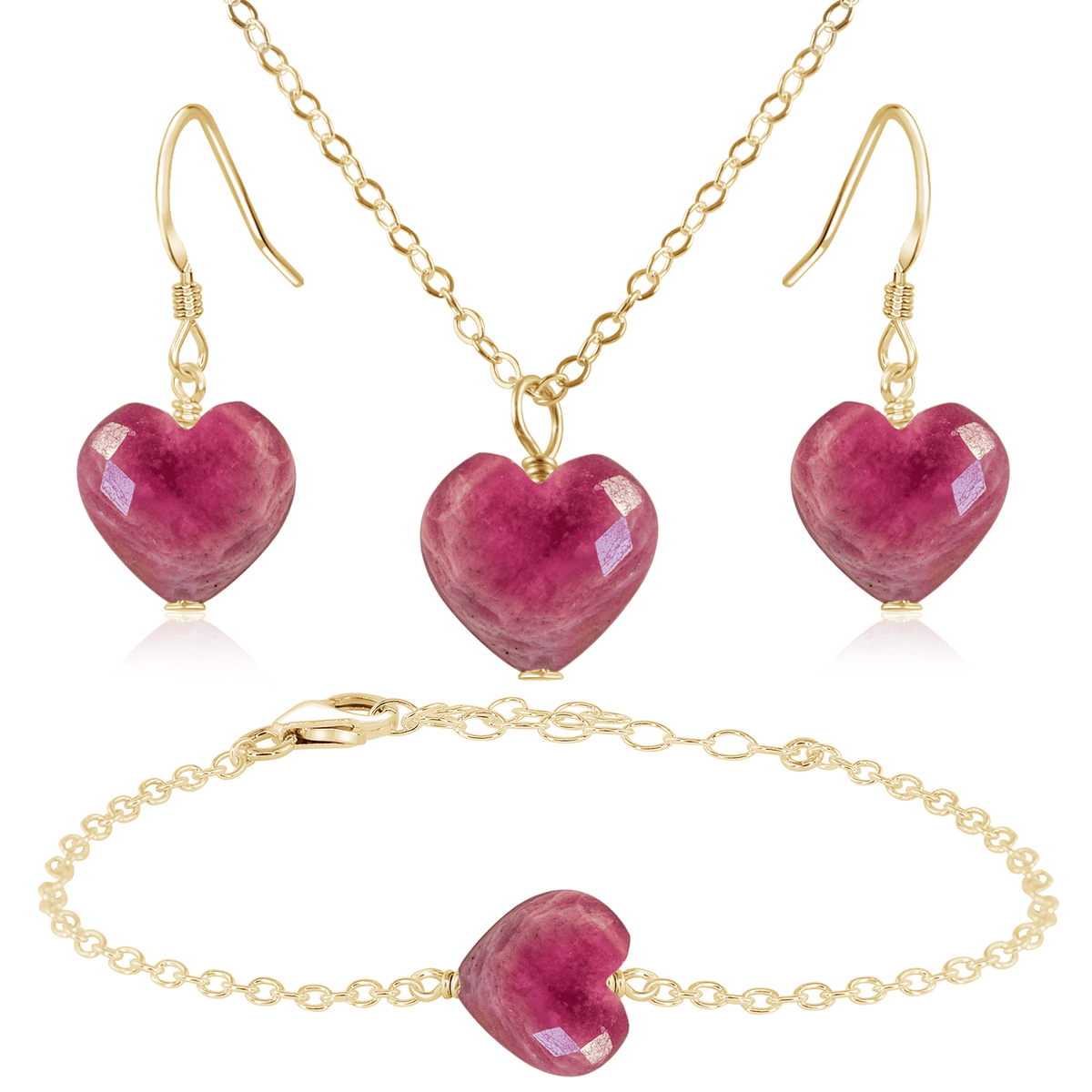 Ruby Crystal Heart Jewellery Set - Ruby Crystal Heart Jewellery Set - 14k Gold Fill / Cable / Necklace & Earrings & Bracelet - Luna Tide Handmade Crystal Jewellery