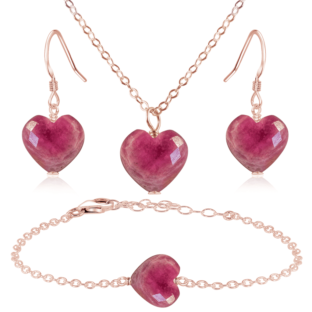 Ruby Crystal Heart Jewellery Set - Ruby Crystal Heart Jewellery Set - 14k Rose Gold Fill / Cable / Necklace & Earrings & Bracelet - Luna Tide Handmade Crystal Jewellery