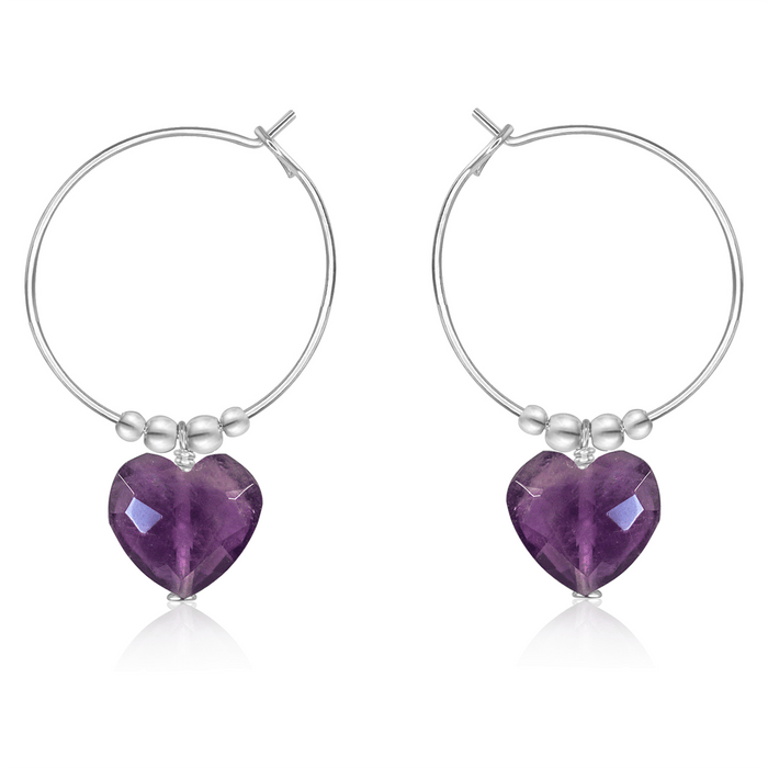 Amethyst Crystal Heart Dangle Hoop Earrings - Amethyst Crystal Heart Dangle Hoop Earrings - Sterling Silver - Luna Tide Handmade Crystal Jewellery