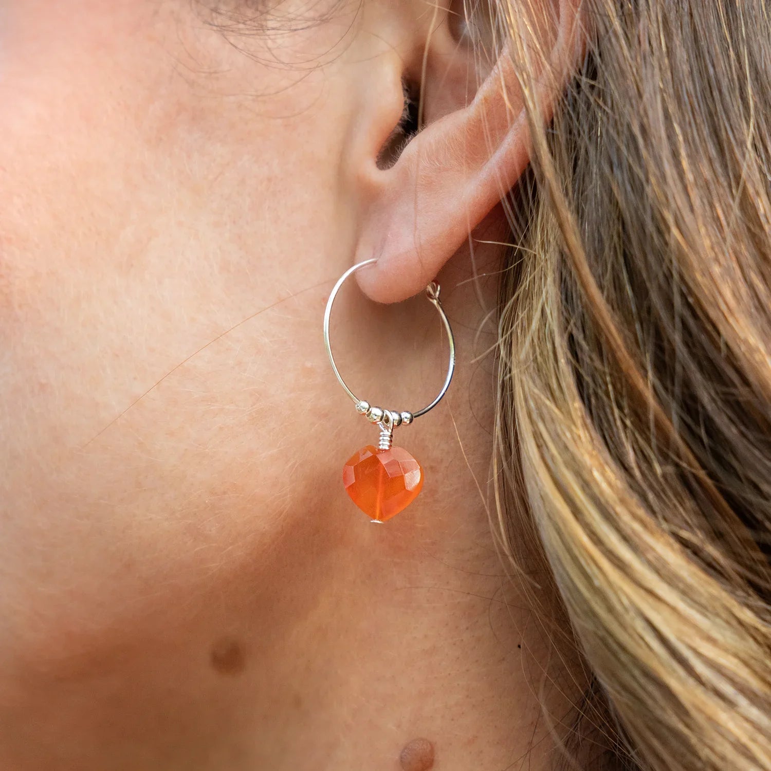 Carnelian Crystal Heart Dangle Hoop Earrings