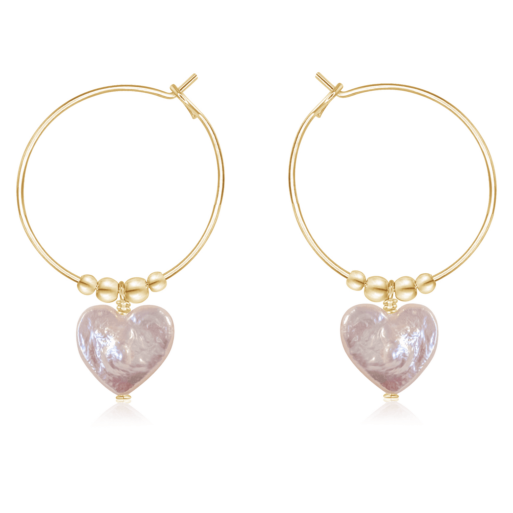 Freshwater Pearl Heart Dangle Hoop Earrings - Freshwater Pearl Heart Dangle Hoop Earrings - 14k Gold Fill - Luna Tide Handmade Crystal Jewellery