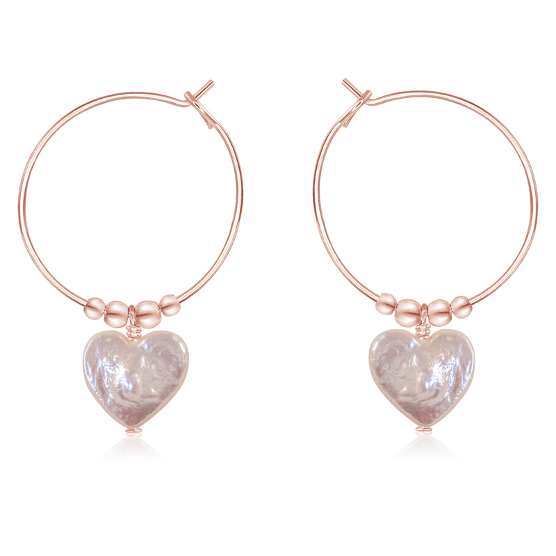 Freshwater Pearl Heart Dangle Hoop Earrings - Freshwater Pearl Heart Dangle Hoop Earrings - 14k Rose Gold Fill - Luna Tide Handmade Crystal Jewellery