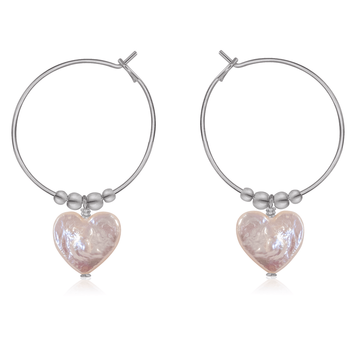 Freshwater Pearl Heart Dangle Hoop Earrings - Freshwater Pearl Heart Dangle Hoop Earrings - Stainless Steel - Luna Tide Handmade Crystal Jewellery