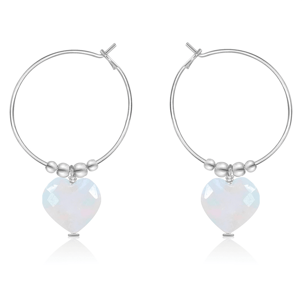 Rainbow Moonstone Crystal Heart Dangle Hoop Earrings - Rainbow Moonstone Crystal Heart Dangle Hoop Earrings - Sterling Silver - Luna Tide Handmade Crystal Jewellery