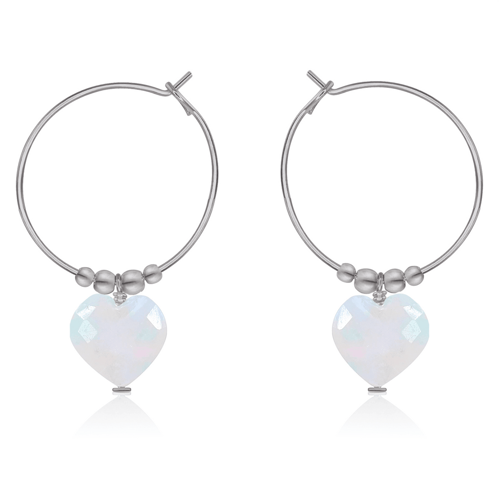 Rainbow Moonstone Crystal Heart Dangle Hoop Earrings - Rainbow Moonstone Crystal Heart Dangle Hoop Earrings - Stainless Steel - Luna Tide Handmade Crystal Jewellery