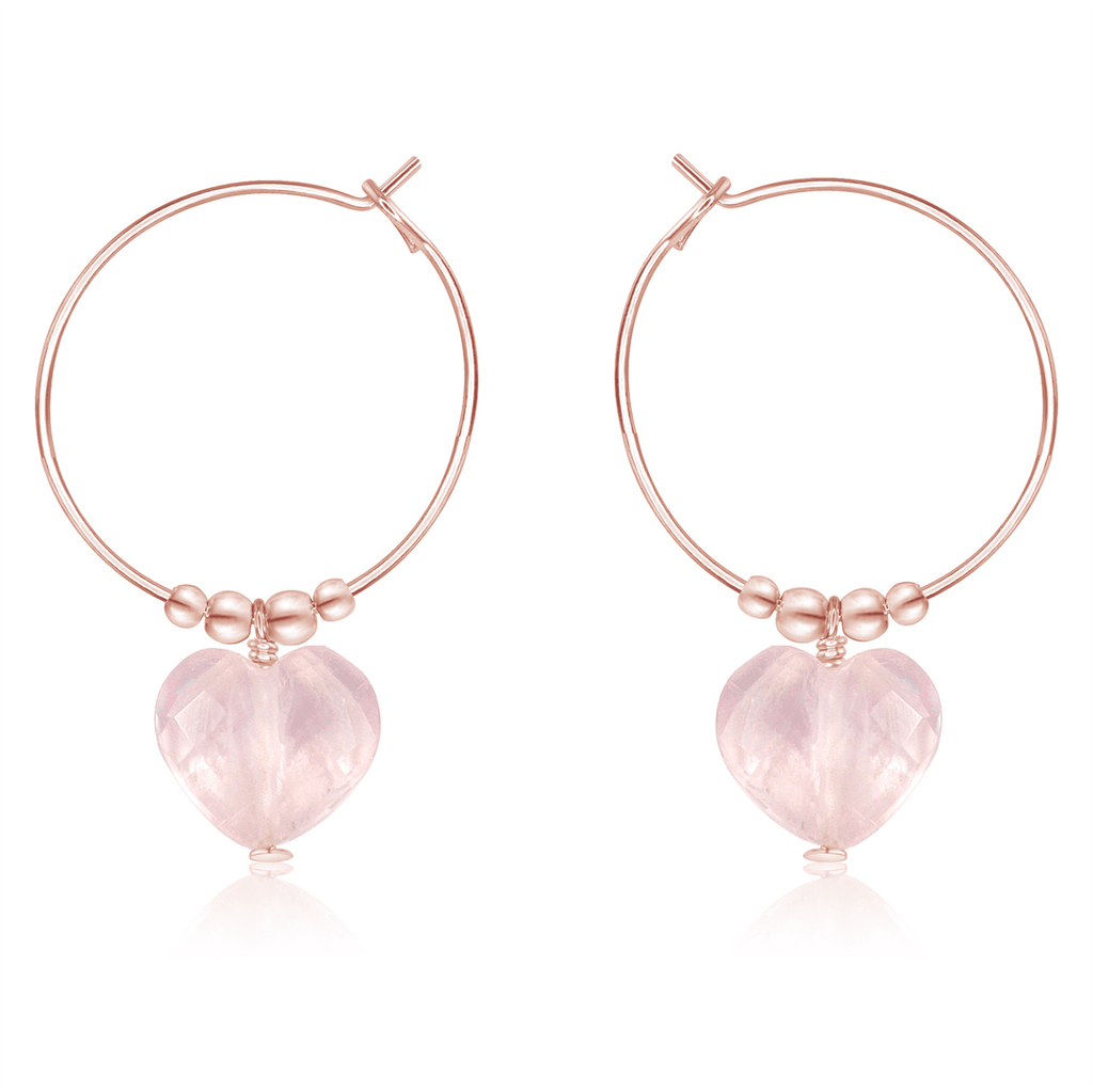 Rose Quartz Crystal Heart Dangle Hoop Earrings - Rose Quartz Crystal Heart Dangle Hoop Earrings - 14k Rose Gold Fill - Luna Tide Handmade Crystal Jewellery