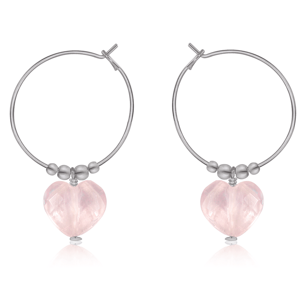 Rose Quartz Crystal Heart Dangle Hoop Earrings - Rose Quartz Crystal Heart Dangle Hoop Earrings - Stainless Steel - Luna Tide Handmade Crystal Jewellery