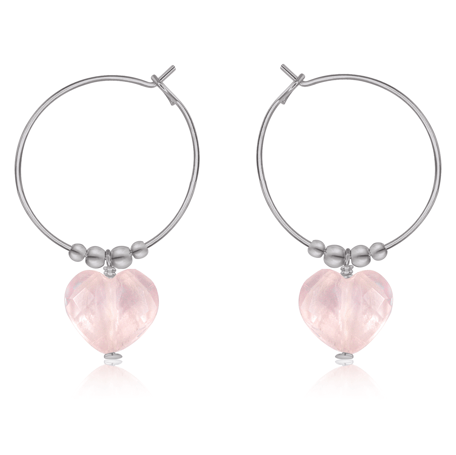 Rose Quartz Crystal Heart Dangle Hoop Earrings - Rose Quartz Crystal Heart Dangle Hoop Earrings - Stainless Steel - Luna Tide Handmade Crystal Jewellery